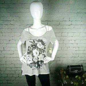 Lucky Brand Cold-shoulder Floral, Striped Top White Size Small